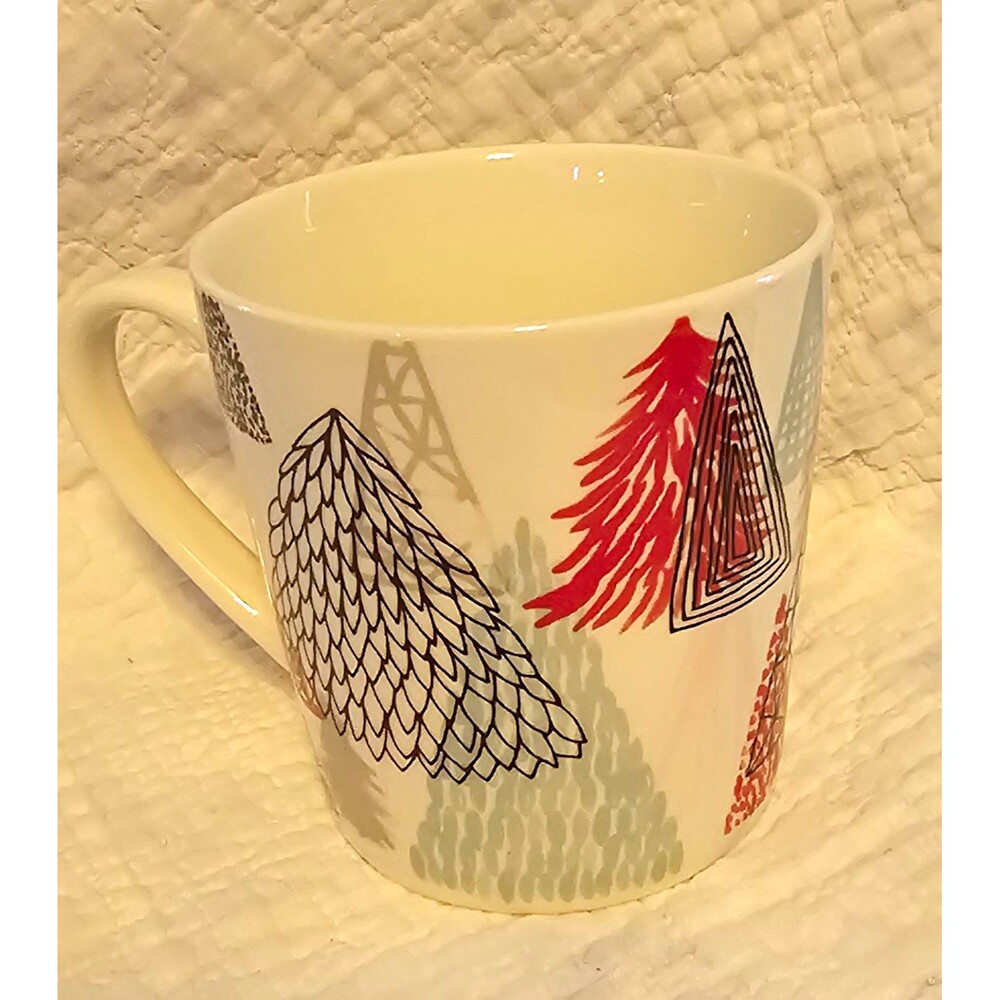 Starbucks 18oz White Ceramic Coffee Mug Abstract Tree Red Gray Black Pattern